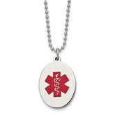 Chisel Stainless Steel Polished with Red Enamel Oval Medical ID Pendant on a 24 inch Ball Chain Necklace